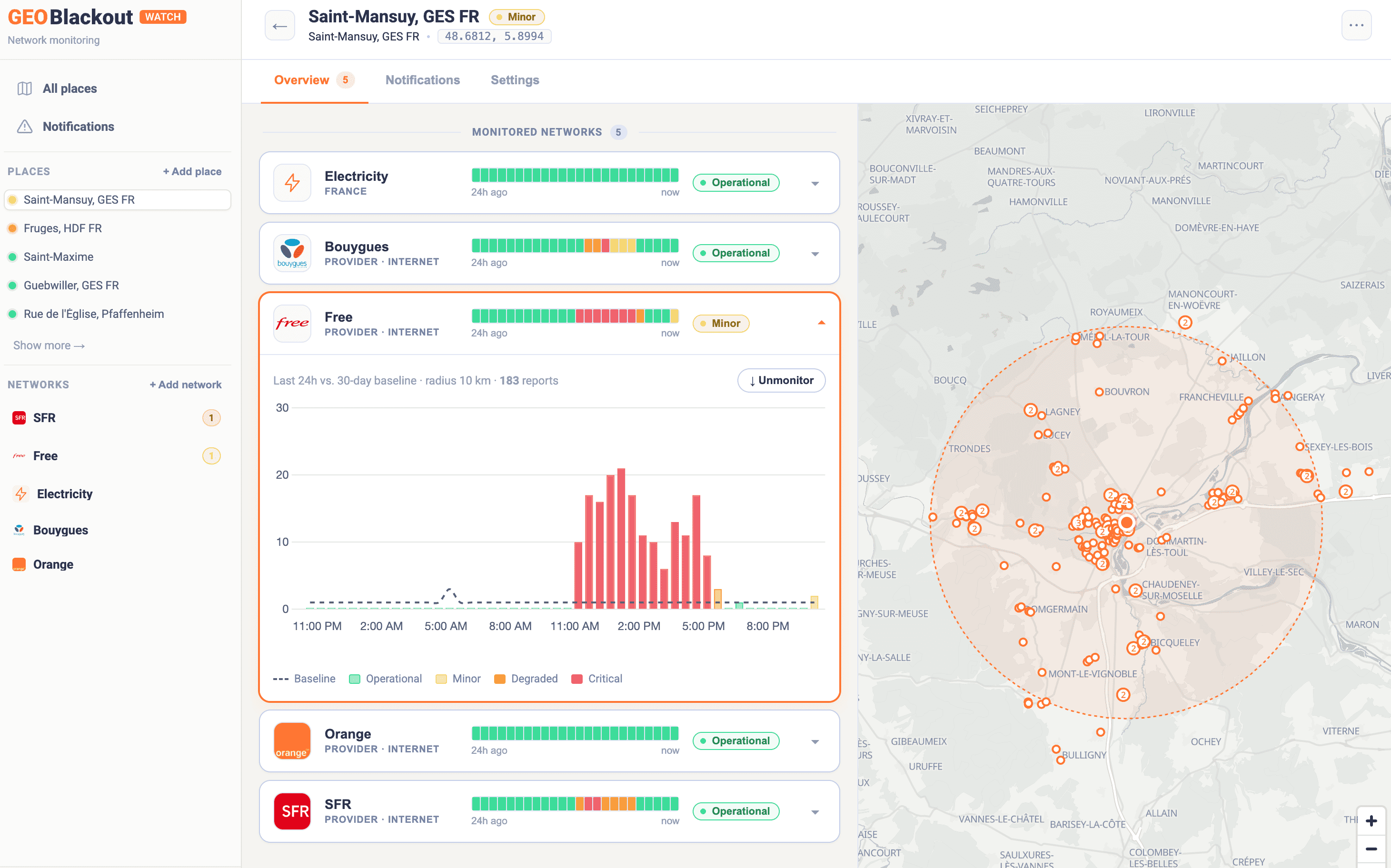 GeoBlackout Watch — Place detail with chart and map
